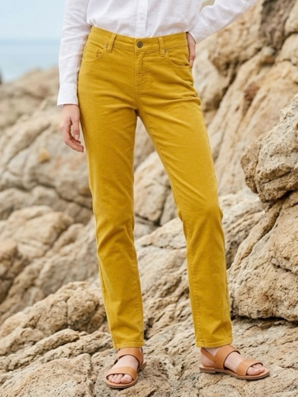EILEEN FISHER 5 Pocket Mustard Yellow Jeans Organic Cotton Denim Sz 8